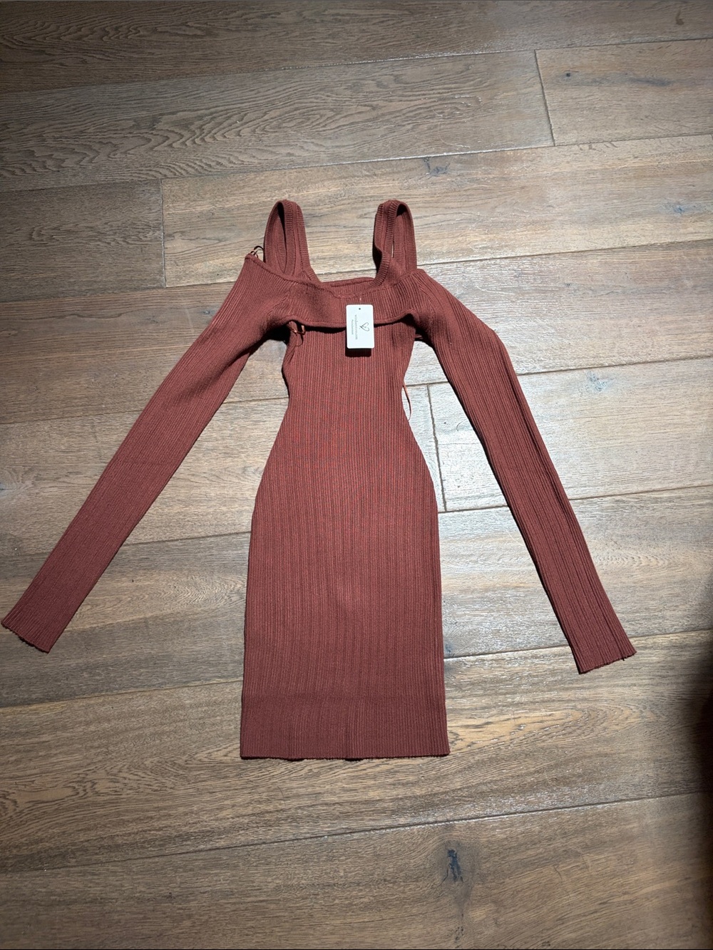 Windsor Ribbed Off-Shoulder Bodycon Dress in Rust